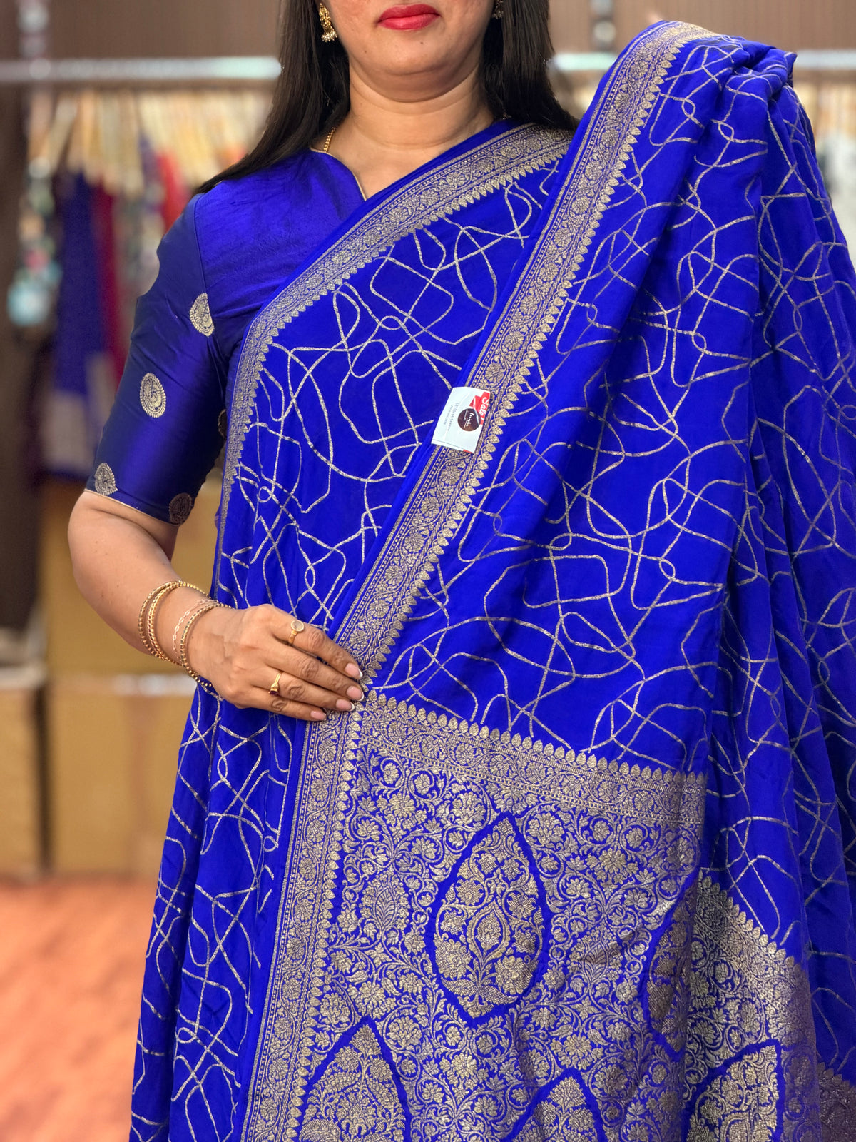 Royal blue with abstract pattern Banaras crepe saree