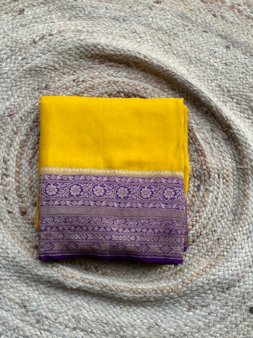 Yellow and purple pure crepe Banaras sarees with Jaal Pattern blouse