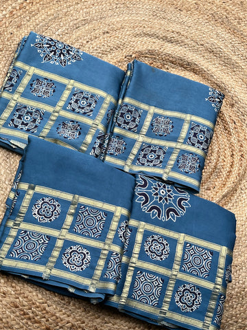 Powder blue pure Ajrak modal Sarees with Ajrak blouse