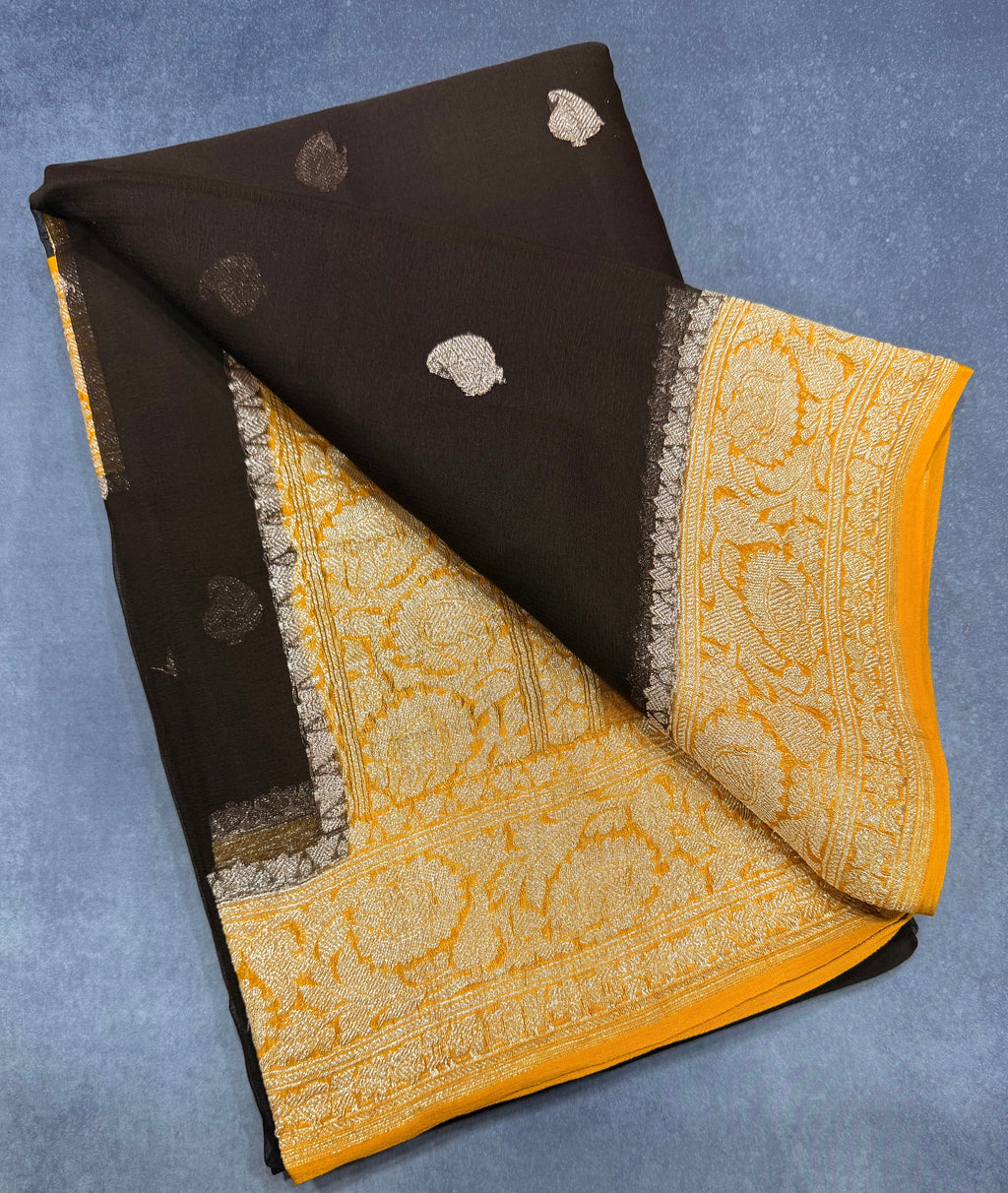 Dark coffee brown Banarasi pure khadi chiffon saree sliver zari saree