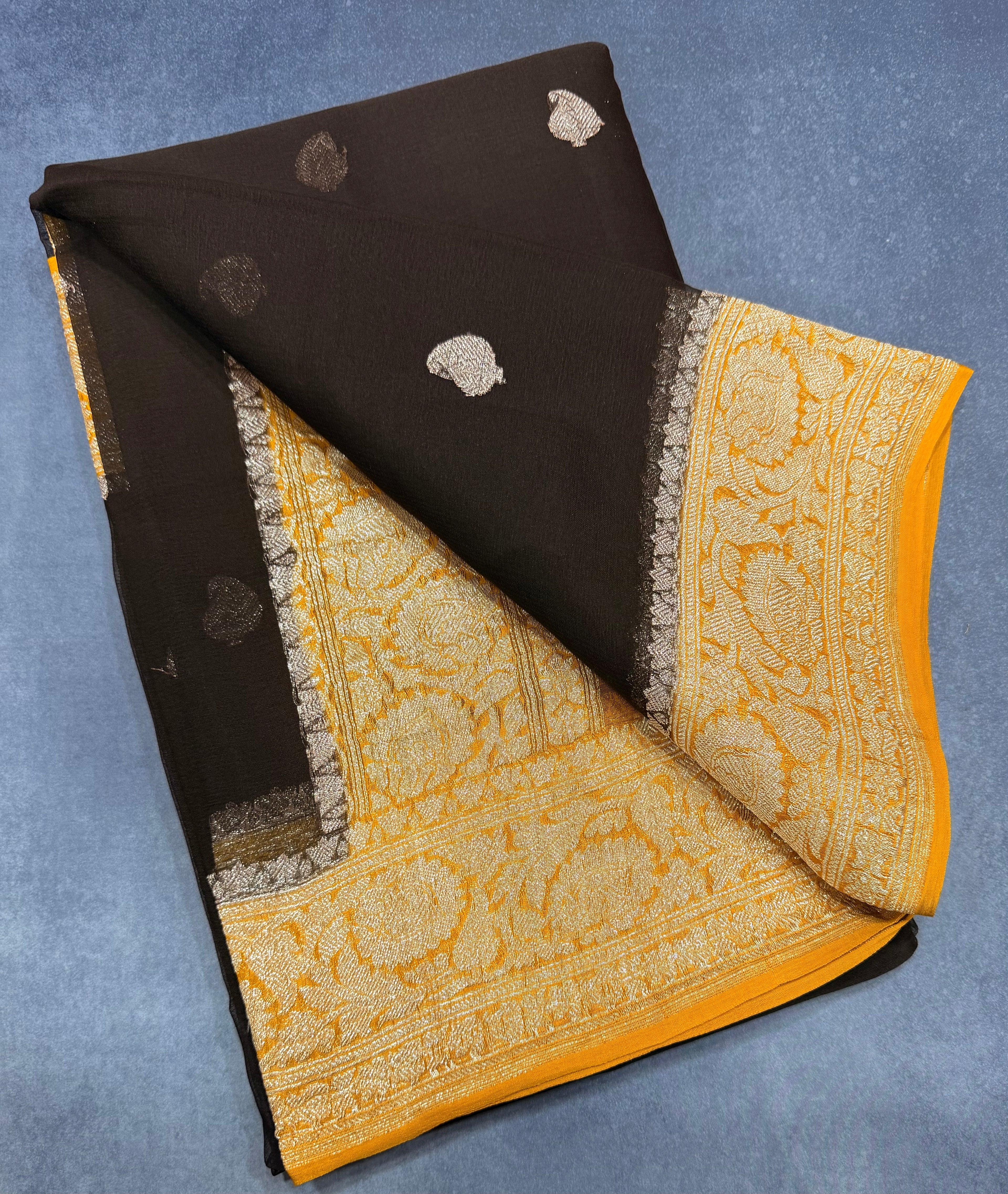 Dark coffee brown Banarasi pure khadi chiffon saree sliver zari saree