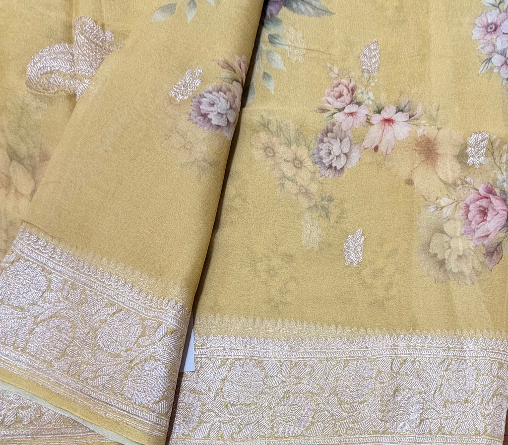 Pastel yellow digital print Banarasi pure tissue chiffon saree sliver zari saree