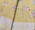 Pastel yellow digital print Banarasi pure tissue chiffon saree sliver zari saree