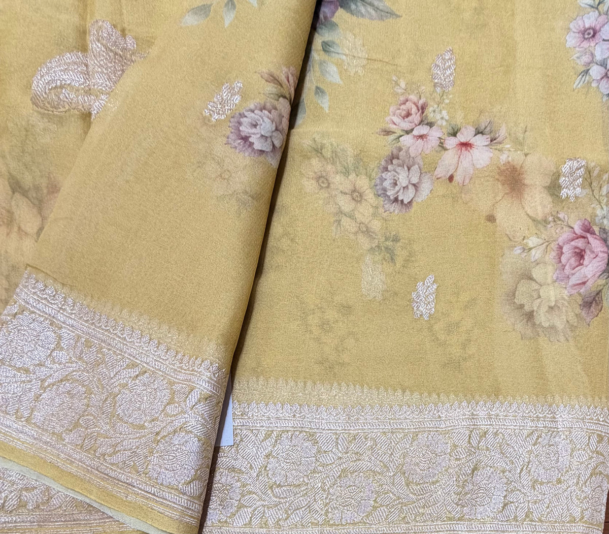 Pastel yellow digital print Banarasi pure tissue chiffon saree sliver zari saree