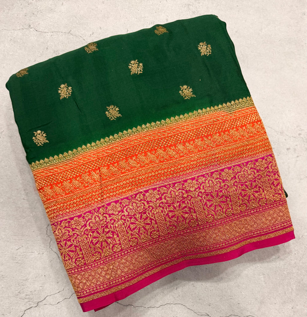Bottle green 3D pure benarasi crepe silk saree