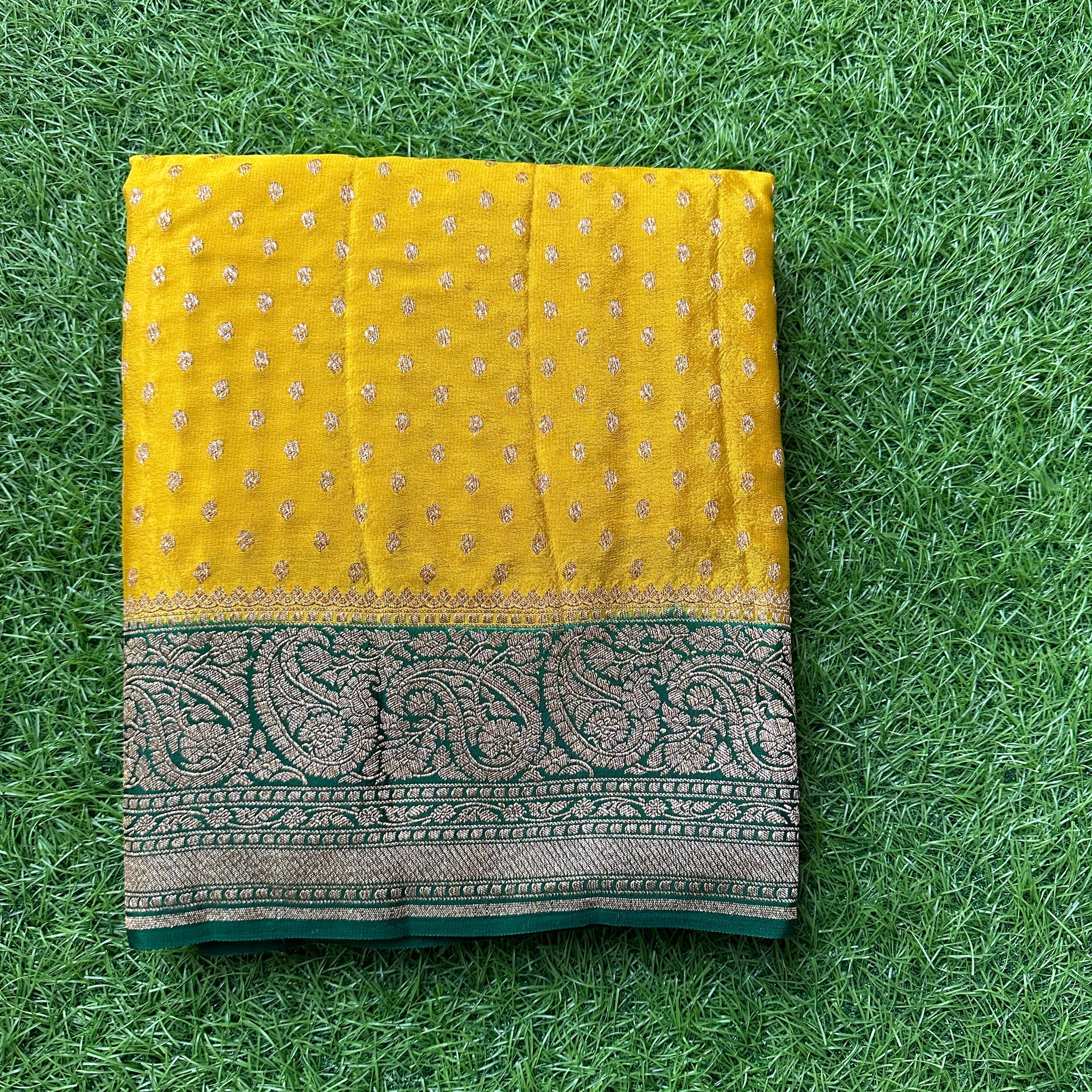 Mustard with green,pure crepe Banaras handloom silk sarees.