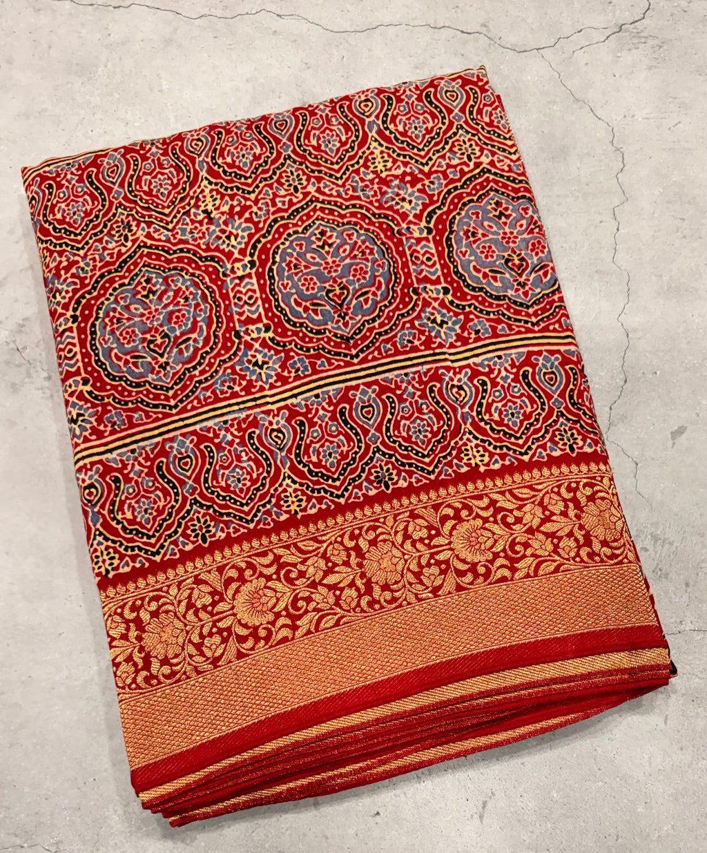 Red Kanchi border pure Ajrak dola sarees
