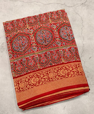 Red Kanchi border pure Ajrak dola sarees