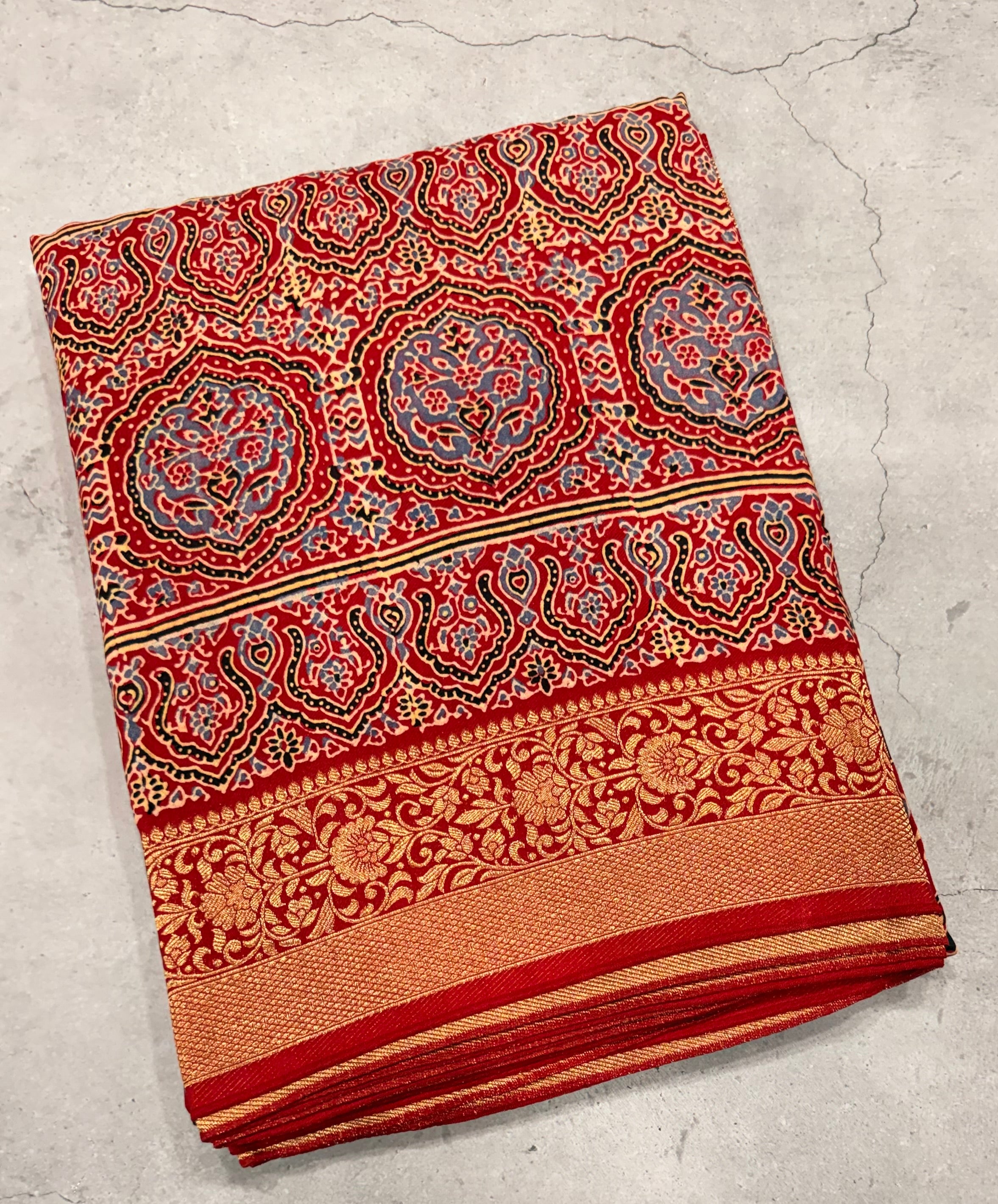 Red Kanchi border pure Ajrak dola sarees