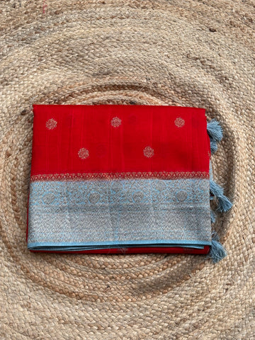 Red and sea blue tusser silk saree