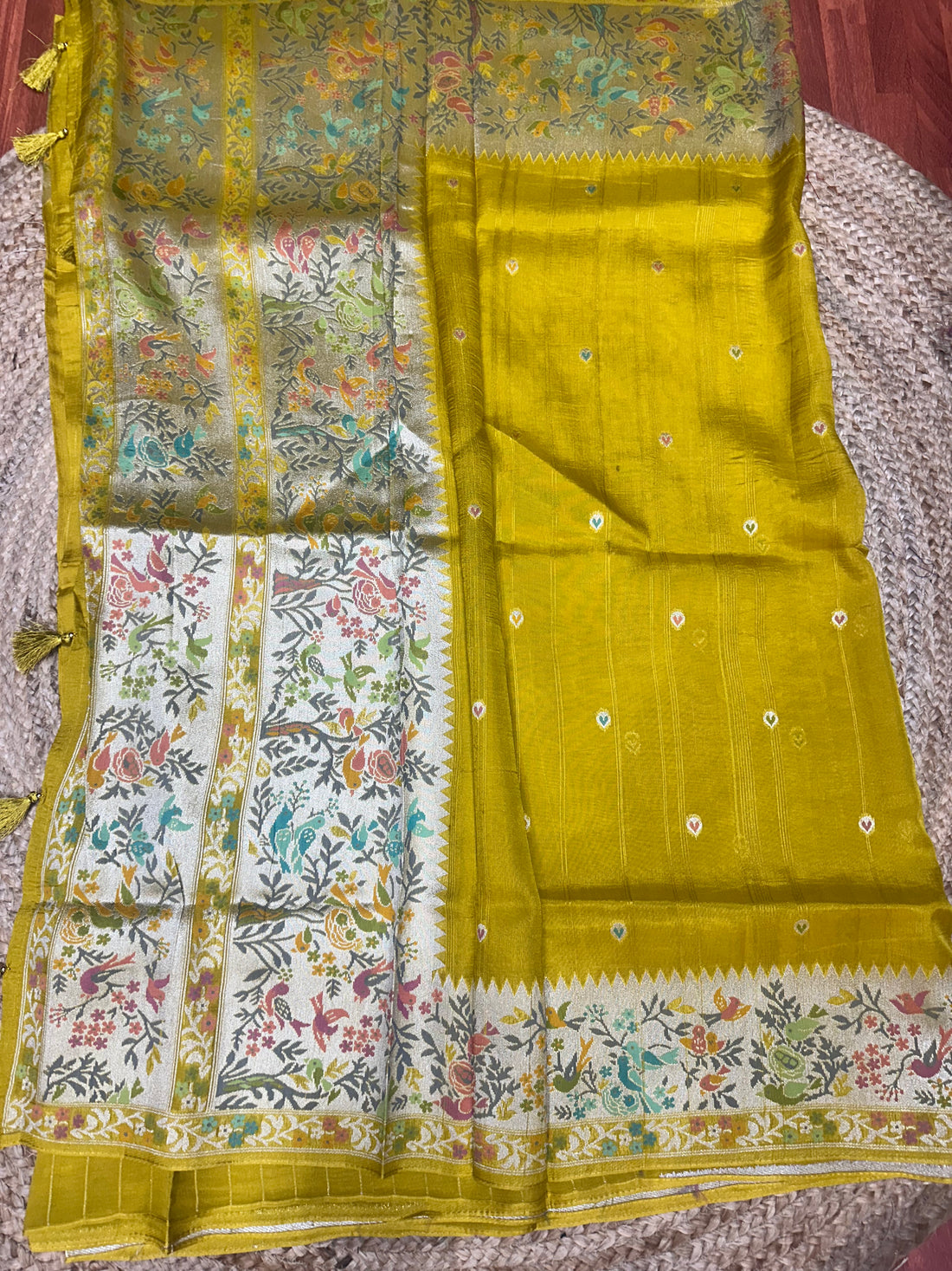 Lemon yellow tusser Paithani sarees