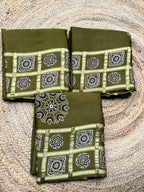 Leaf green pure Ajrak modal silk sarees with Ajrak blouse