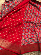 Red pure Ajrak dola silk sarees