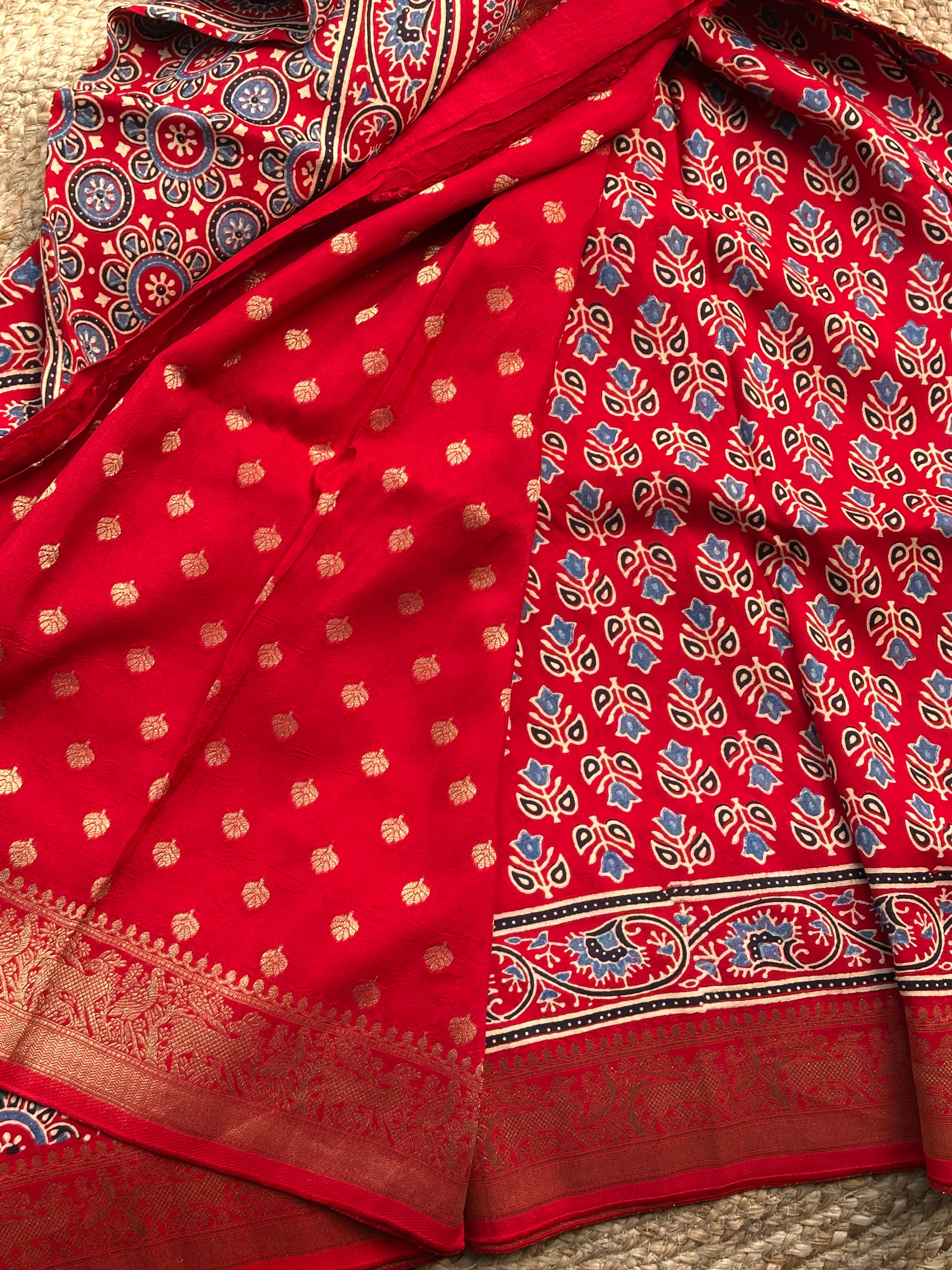 Red pure Ajrak dola silk sarees