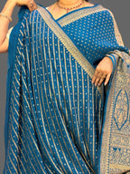 Peacock blue mango border pure benarasi crepe silk saree
