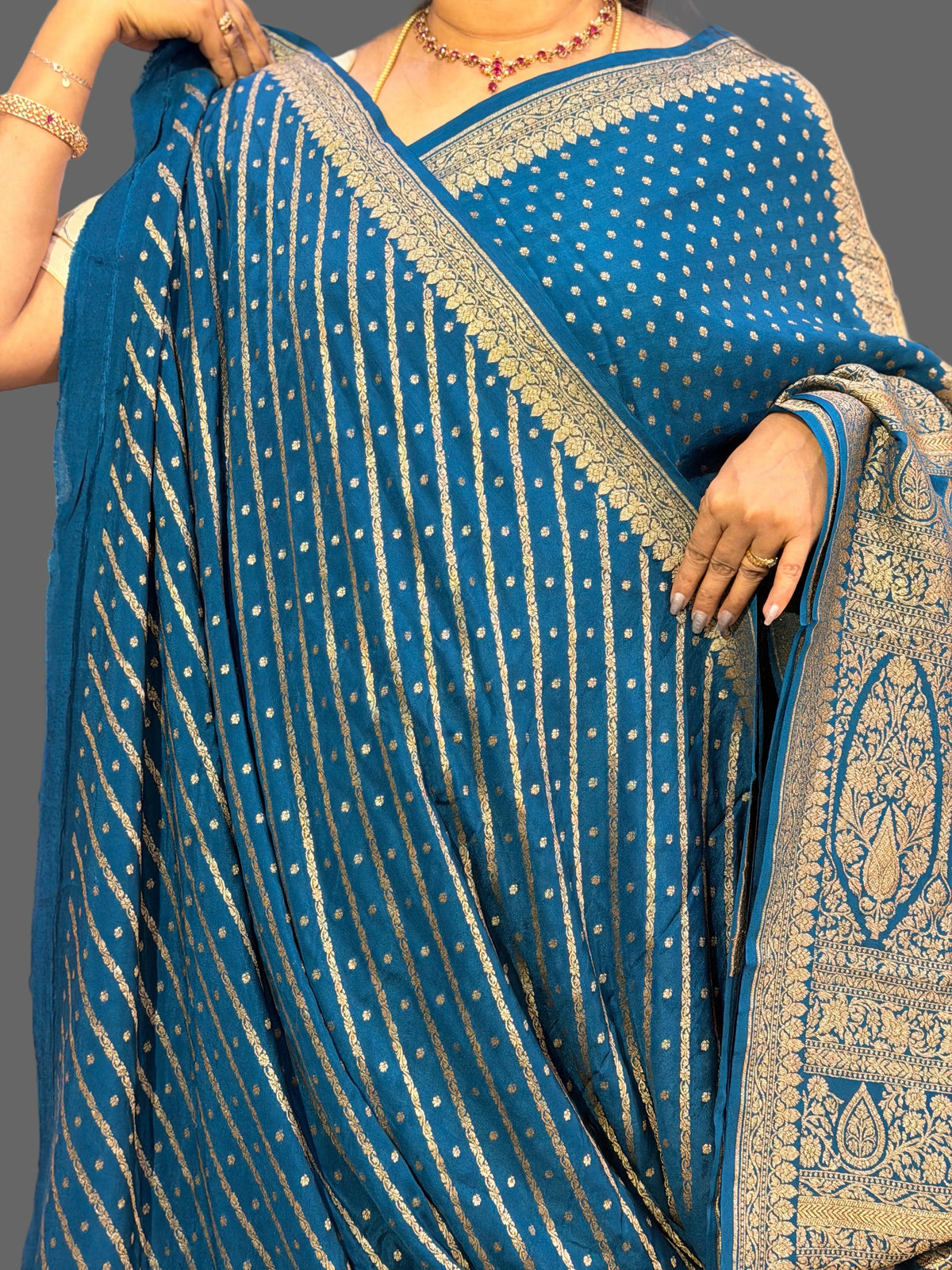 Peacock blue mango border pure benarasi crepe silk saree