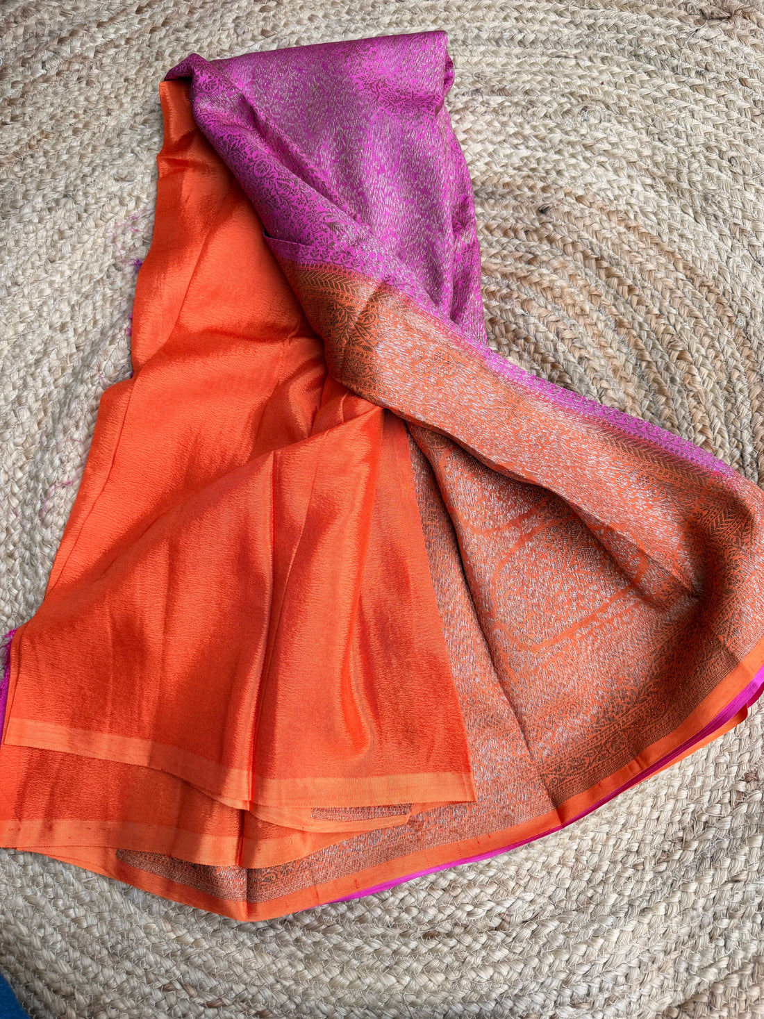 Pink n orange semi Banarasi crepe saree