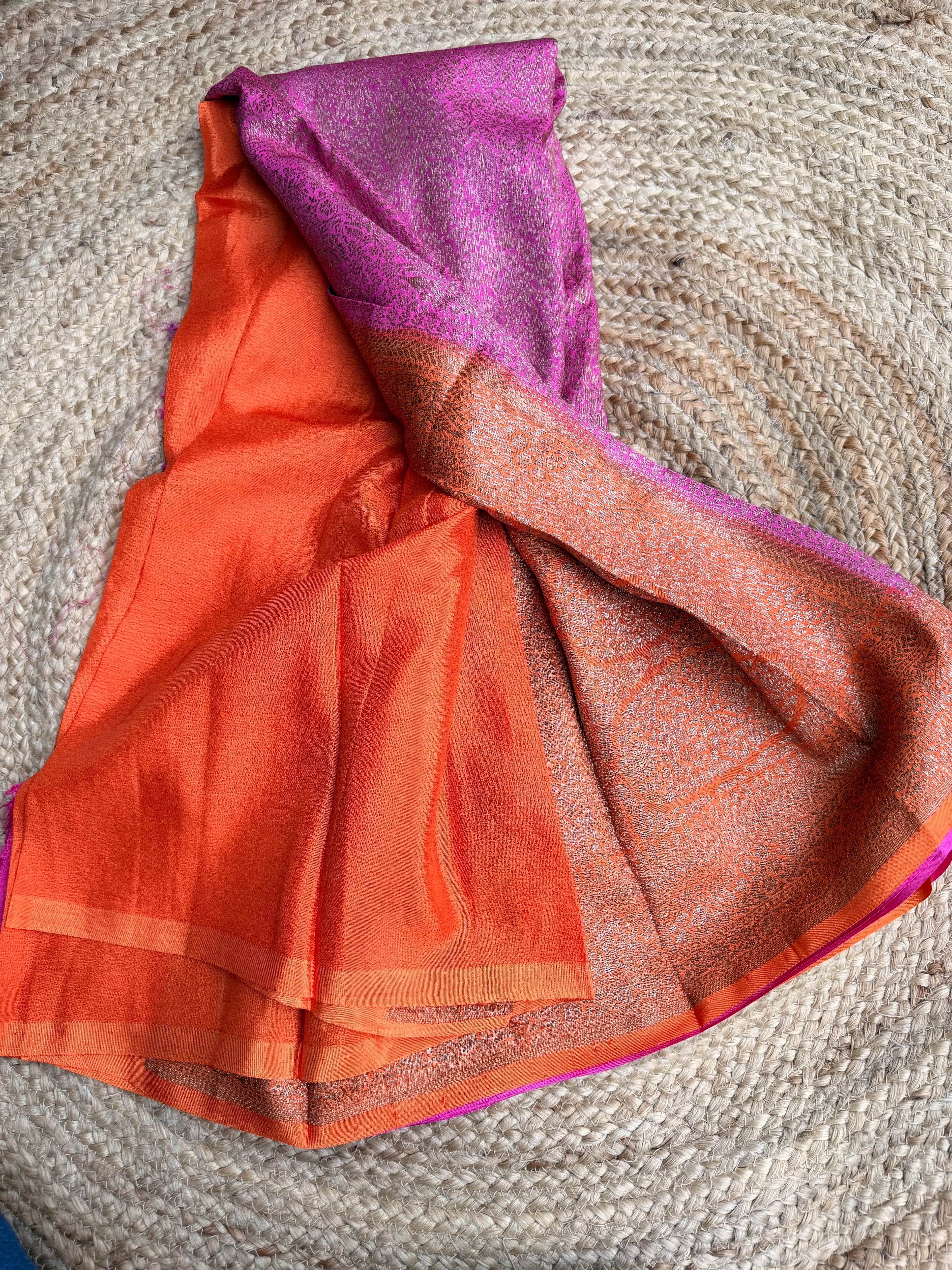 Pink n orange semi Banarasi crepe saree