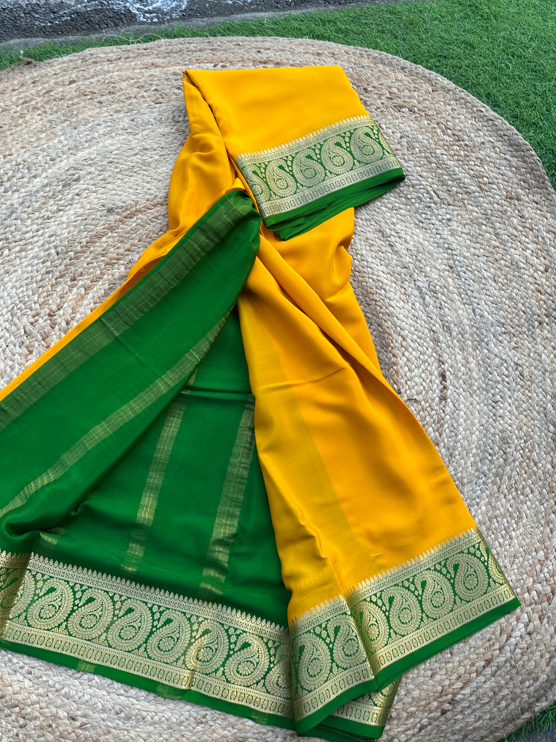 Yellow and green pure crepe Mysore Silk sarees 120 gsm mango border