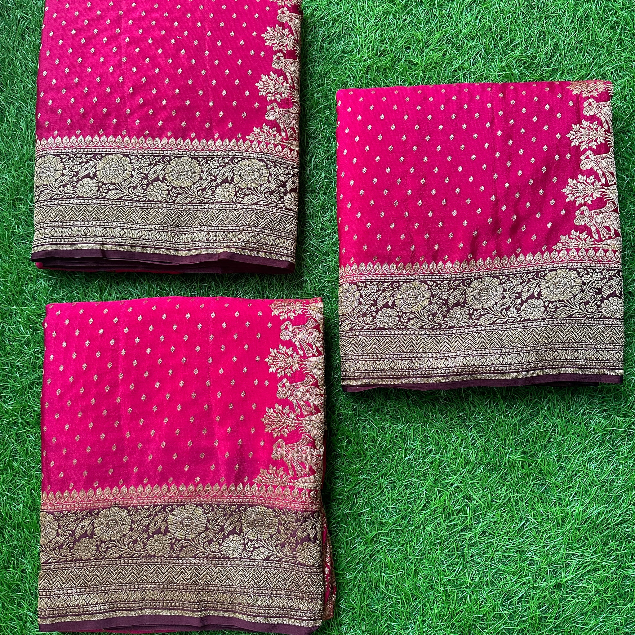 Strawberry pink with coffee brown pure crepe Banaras silk.