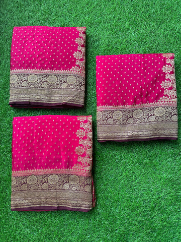 Strawberry pink with coffee brown pure crepe Banaras silk.