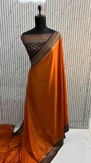 Rust orange and brown Banarasi crepe chiffon antique zari