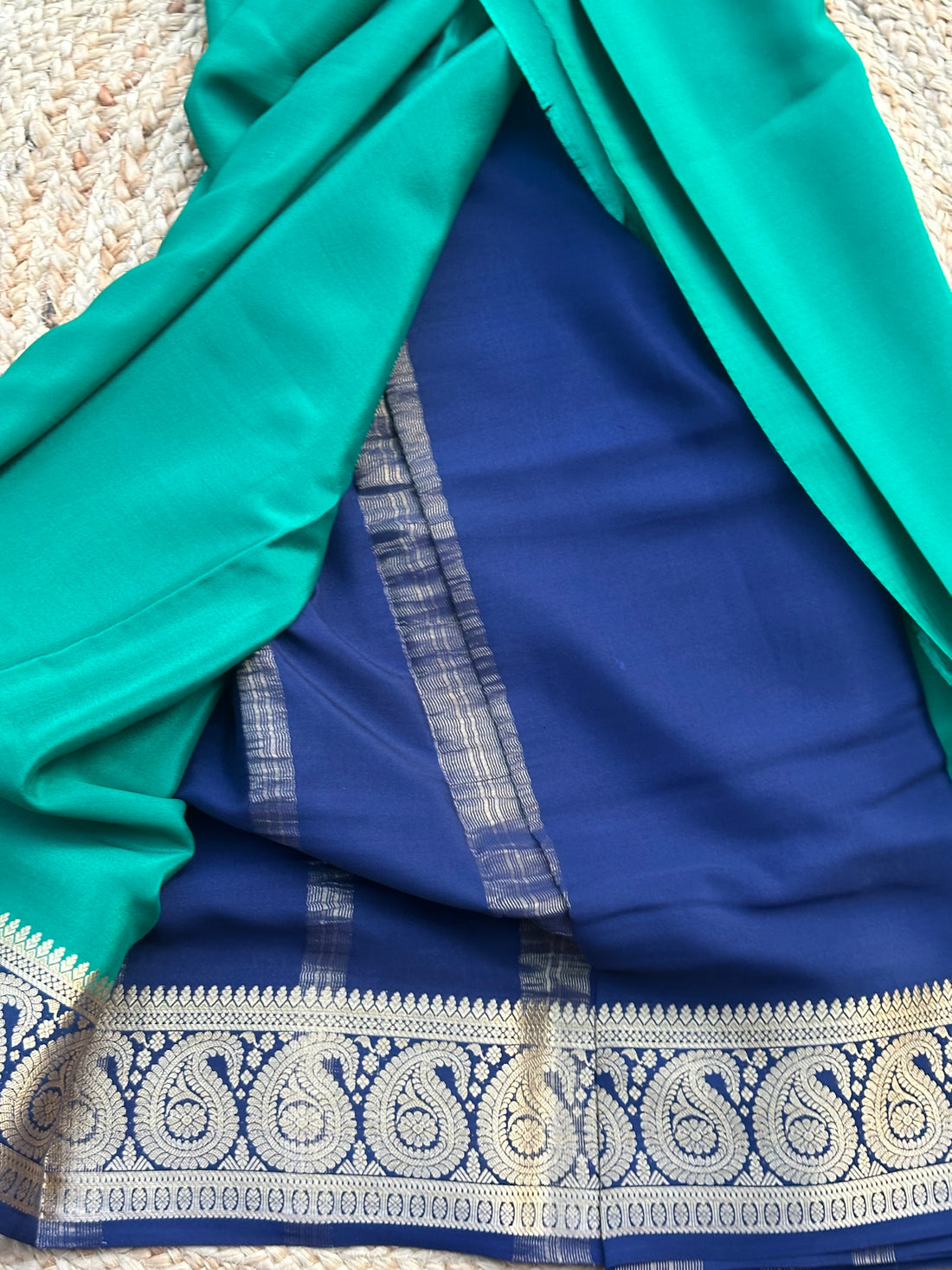 Green and blue pure crepe Mysore Silk Mango border 120 gsm