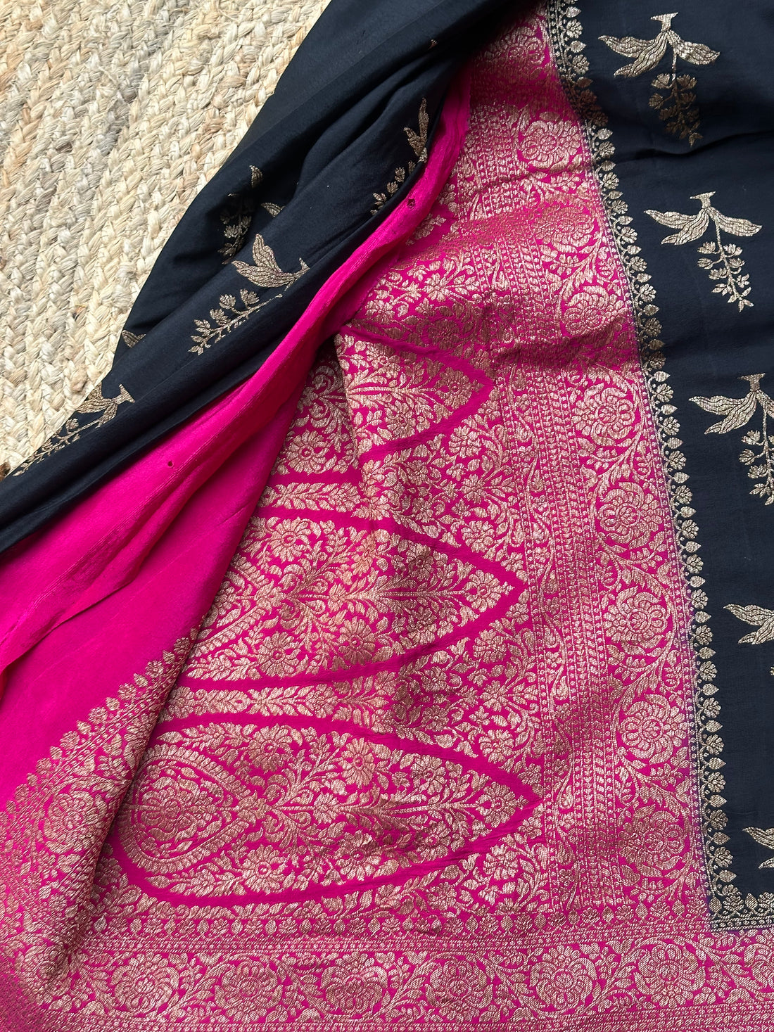 Black and pink pure crepe Banaras silk sarees