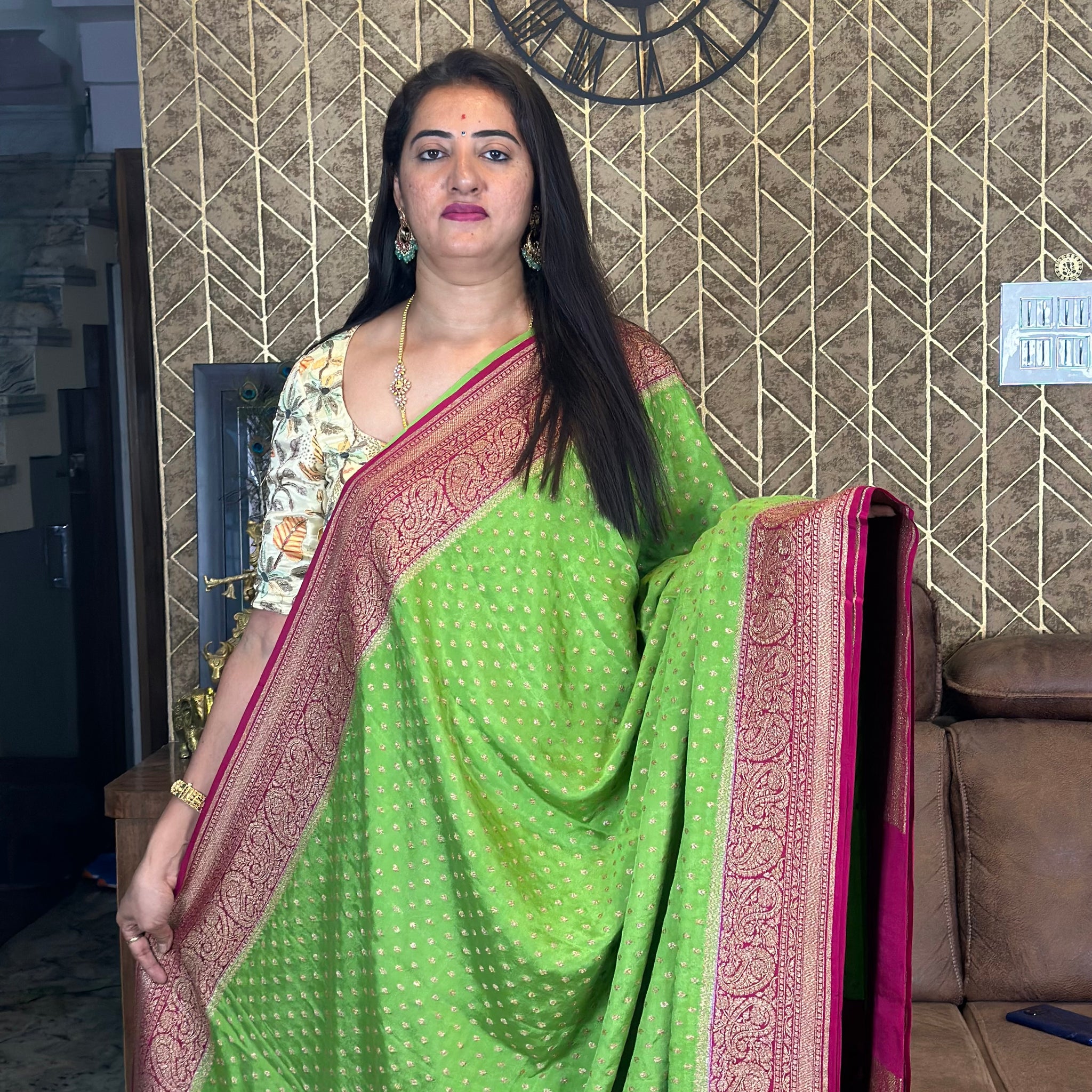 Green and pink pure crepe Banaras silk sarees.