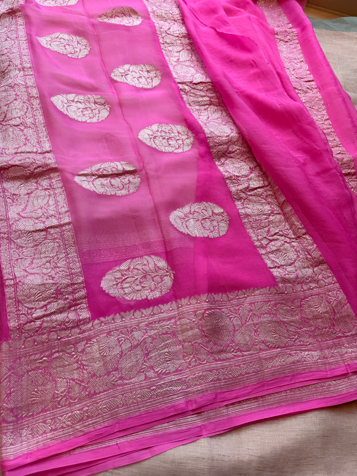 Cream double border Banarasi pure khadi chiffon saree sliver zari saree