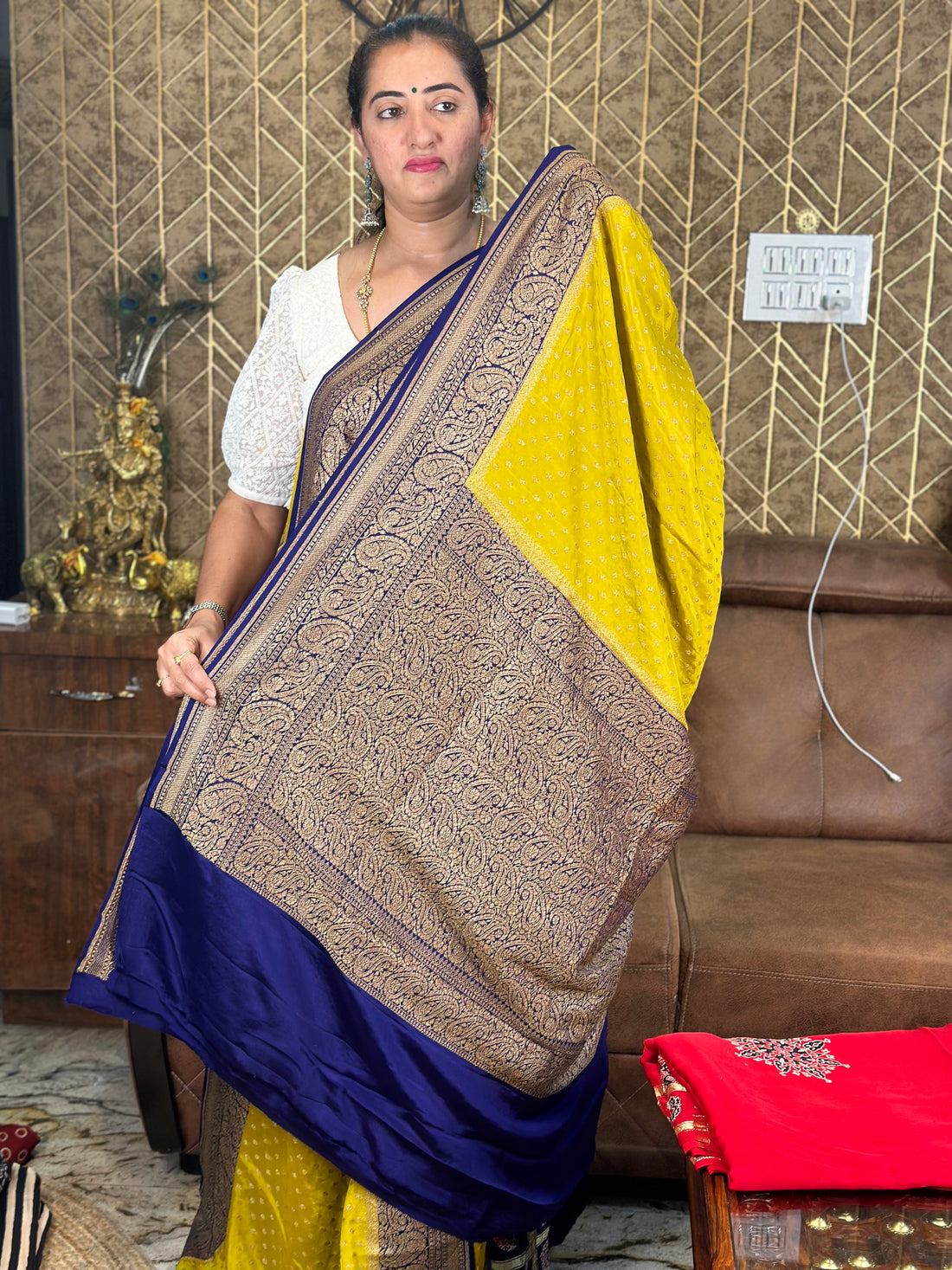 Mustard and purple pure crepe Banaras silk sarees.
