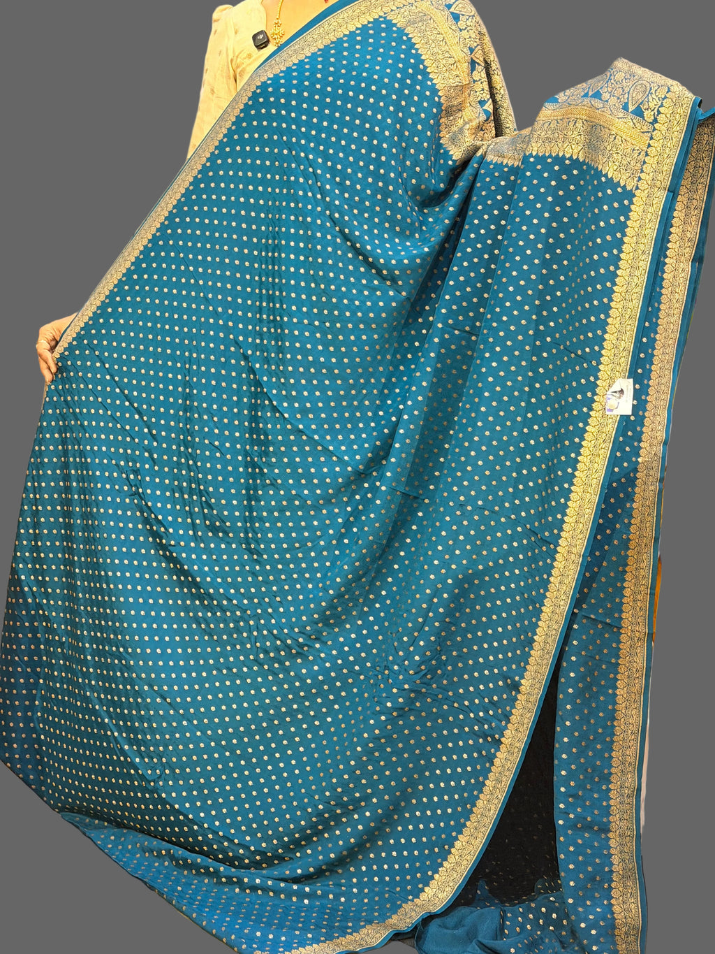 Peacock blue mango border pure benarasi crepe silk saree