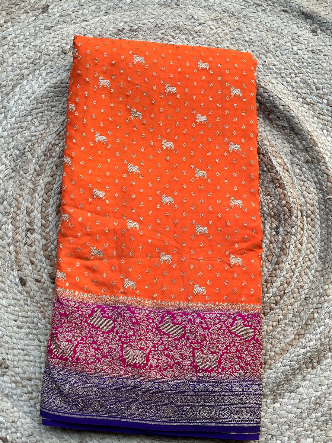 Orange purple and pink 3D pure crepe Banaras animal motives