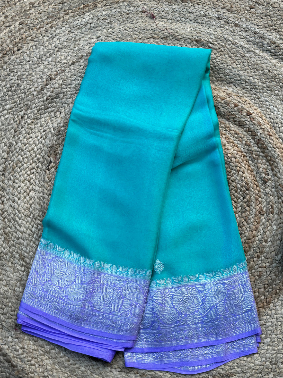 Sea green with lavender pure khaddi chiffon silk sarees
