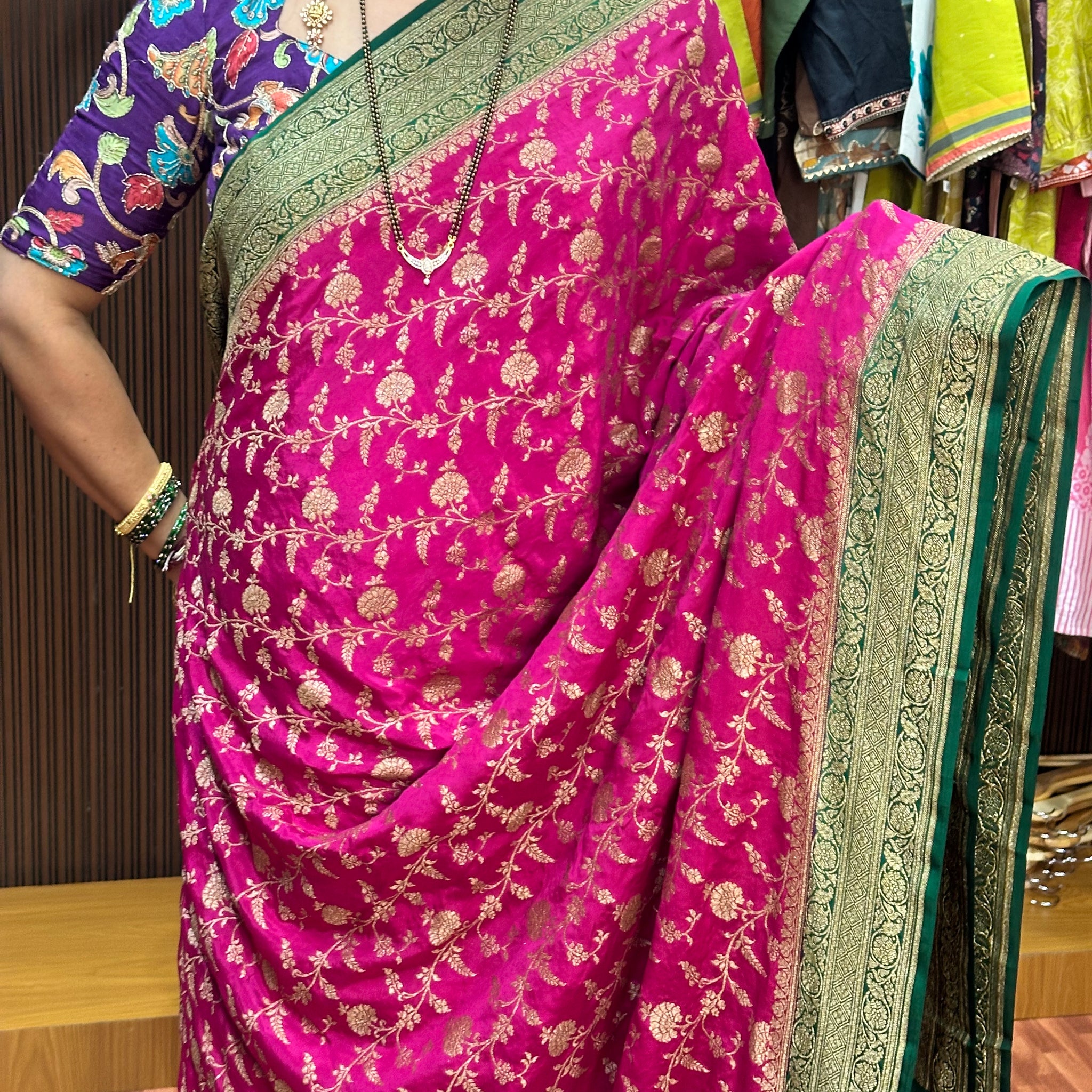 Pink with green jaal pure crepe Banaras silk sarees