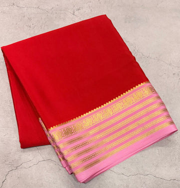 Red stripes border pure Mysore silk crepe saree