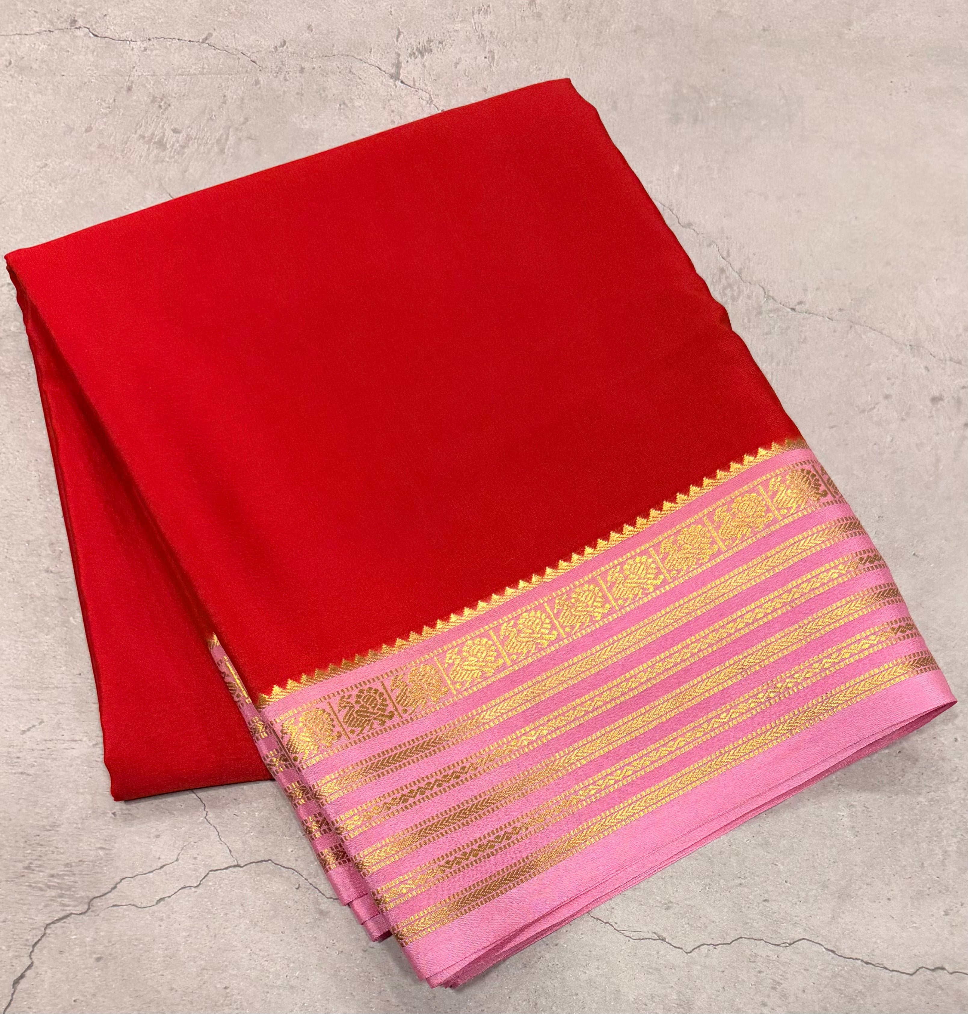 Red stripes border pure Mysore silk crepe saree