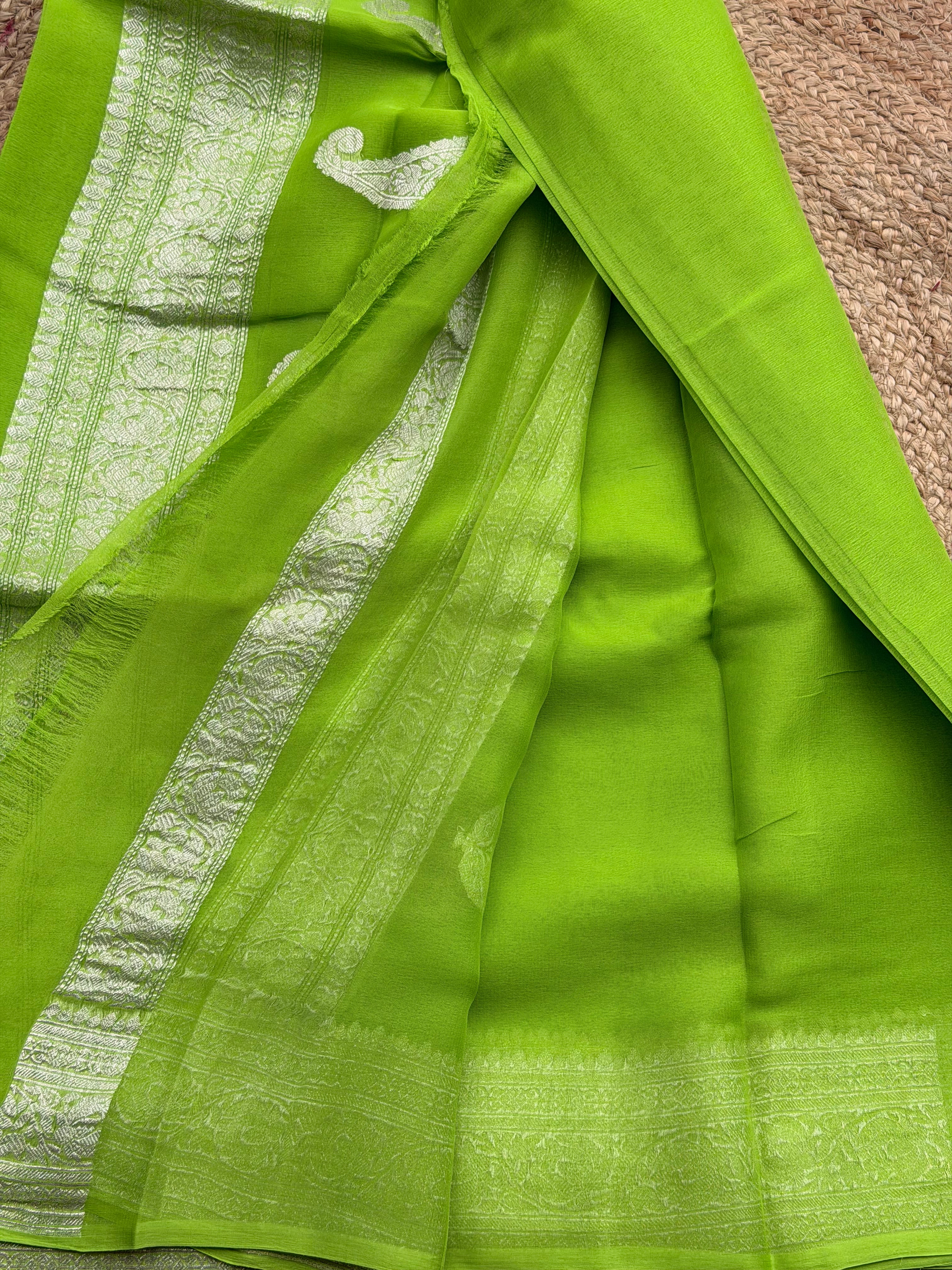 Parrot green Banarasi pure khadi chiffon saree sliver zari woven