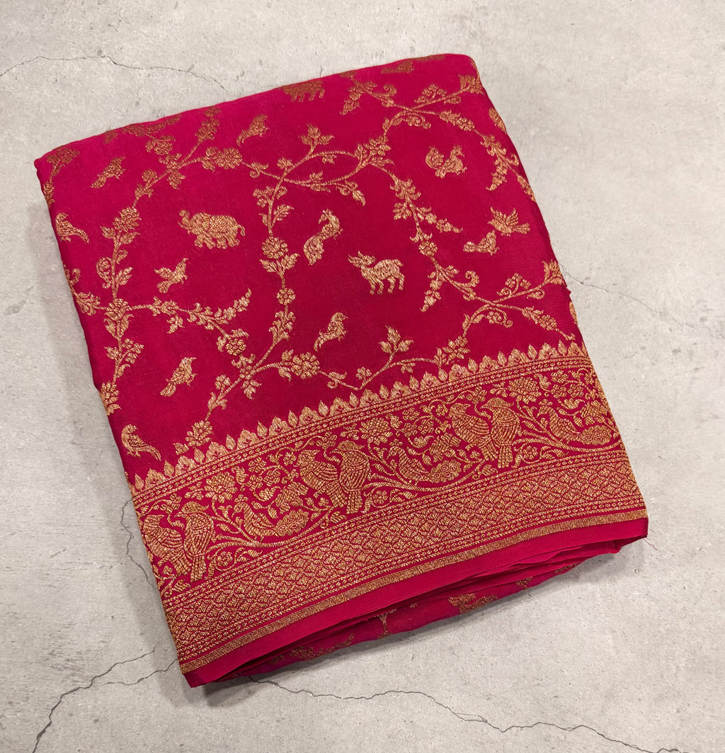 Rani pink jaal pattern pure benarasi crepe silk saree