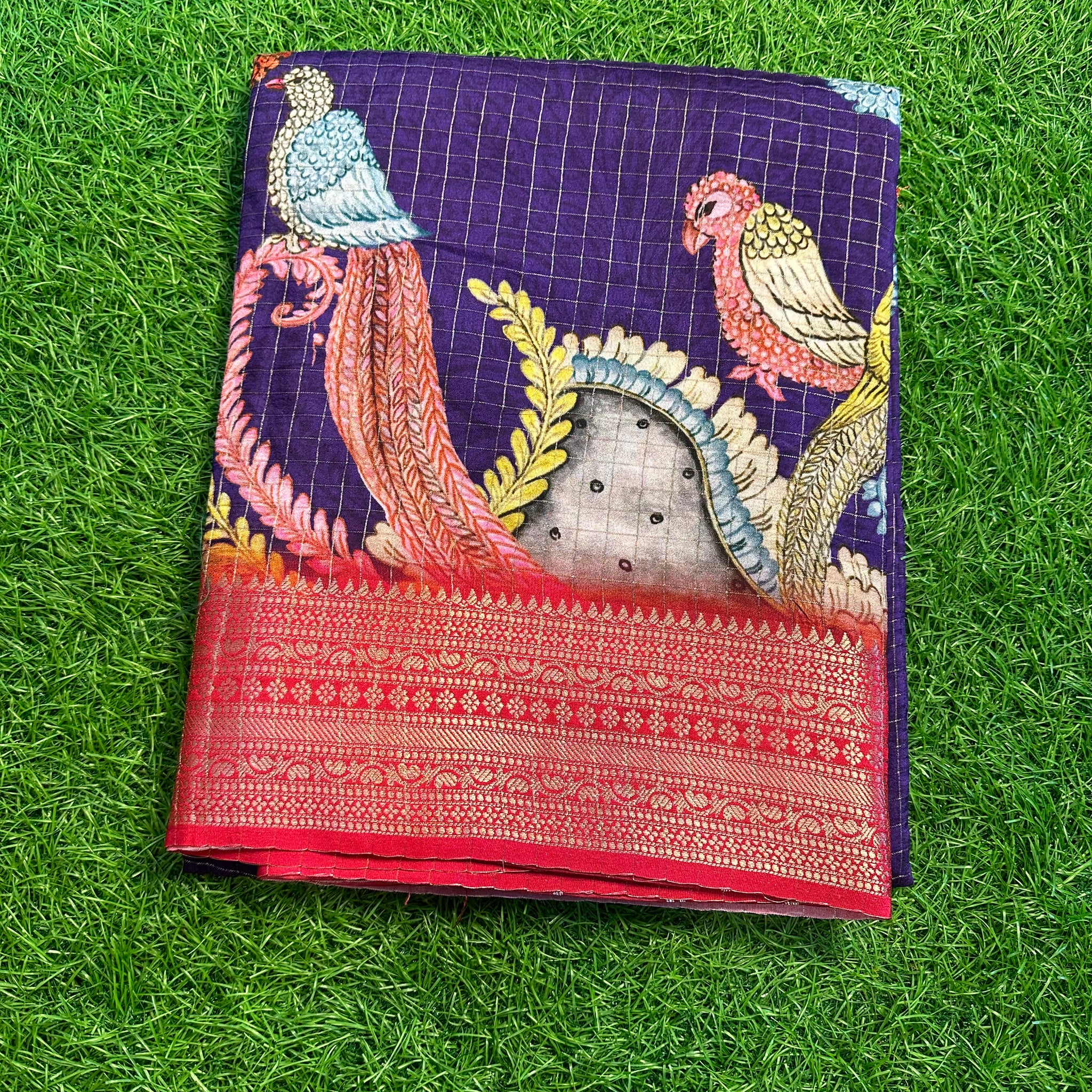 Purple and pink dola crepe silk saree.
