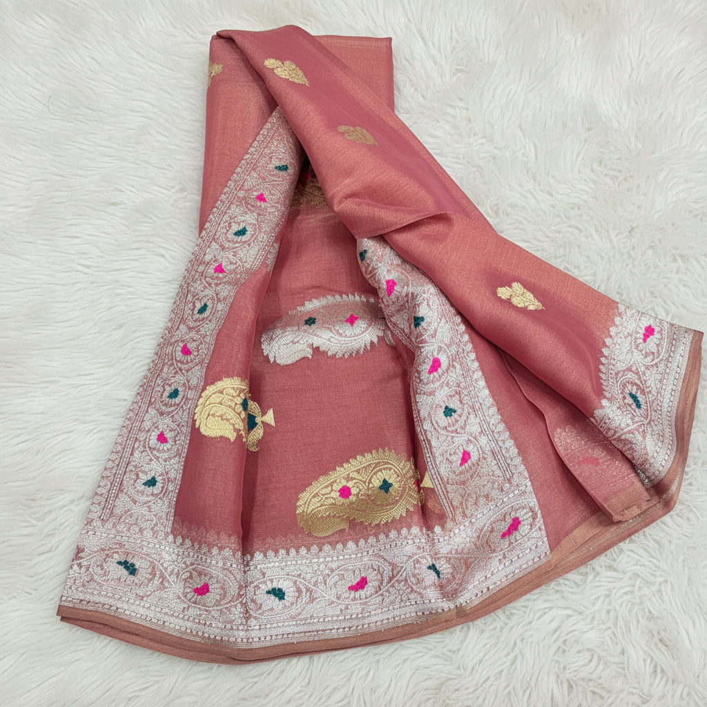 Pink Banarasi pure tissue chiffon saree sliver zari saree