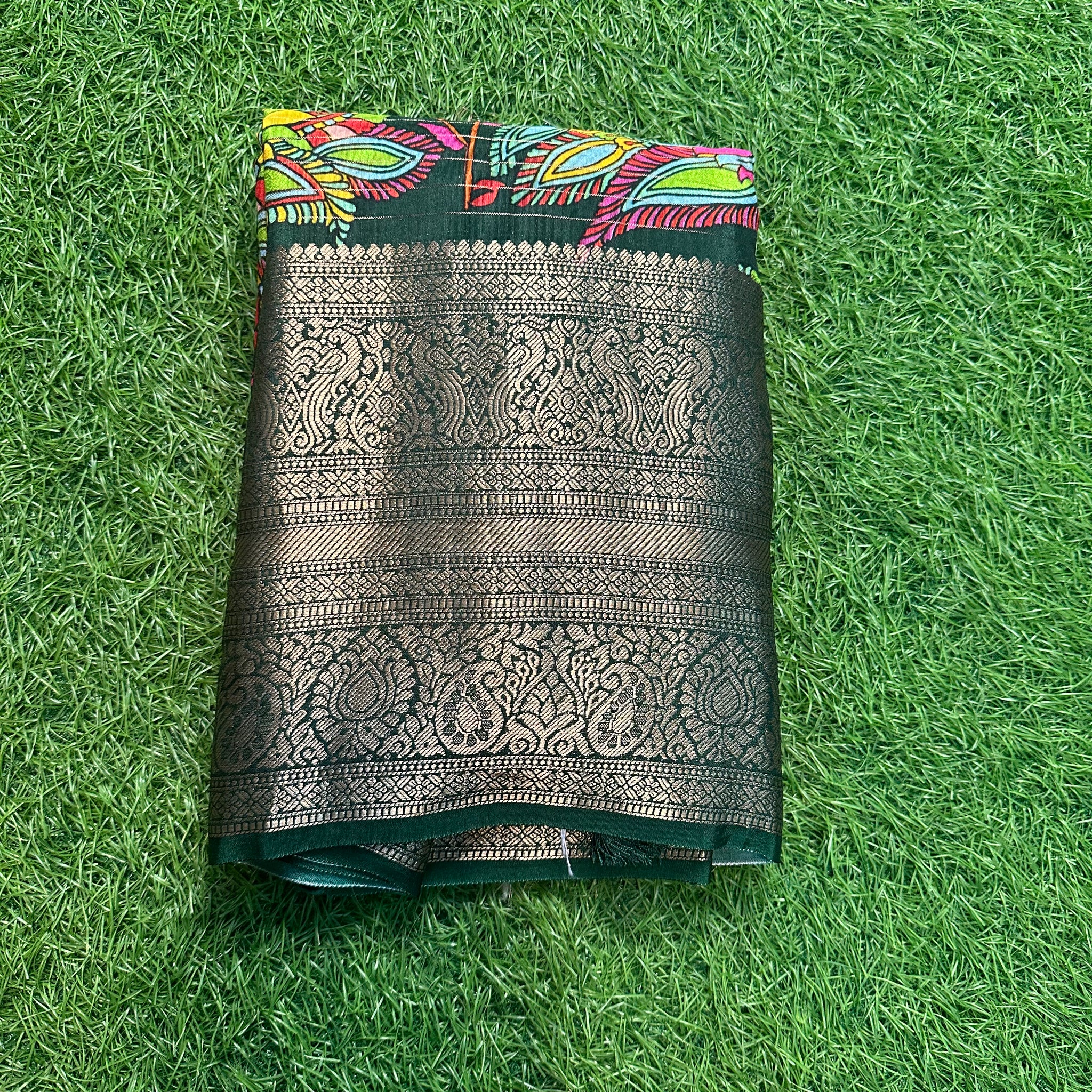Peach with green Crepe kalamkari Kanchi border.