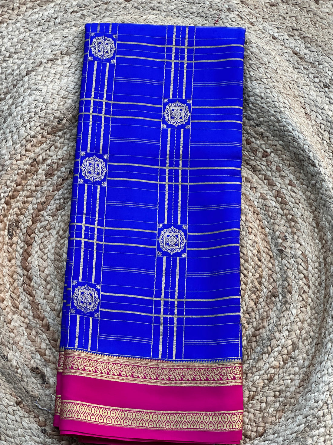 Royal blue and pink pure crepe Mysore Silk sarees 120 gsm