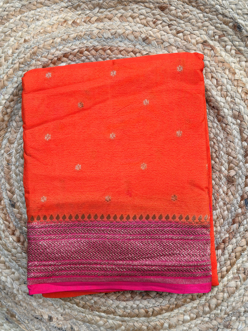 Orange and pink Banarasi crepe chiffon konia design