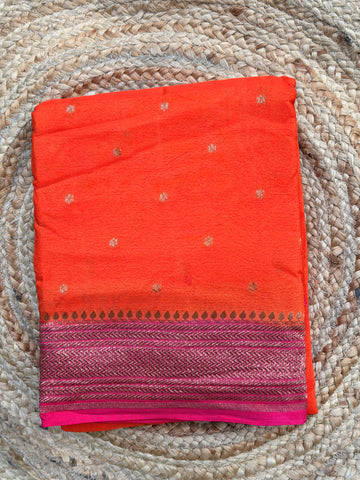 Orange and pink Banarasi crepe chiffon konia design