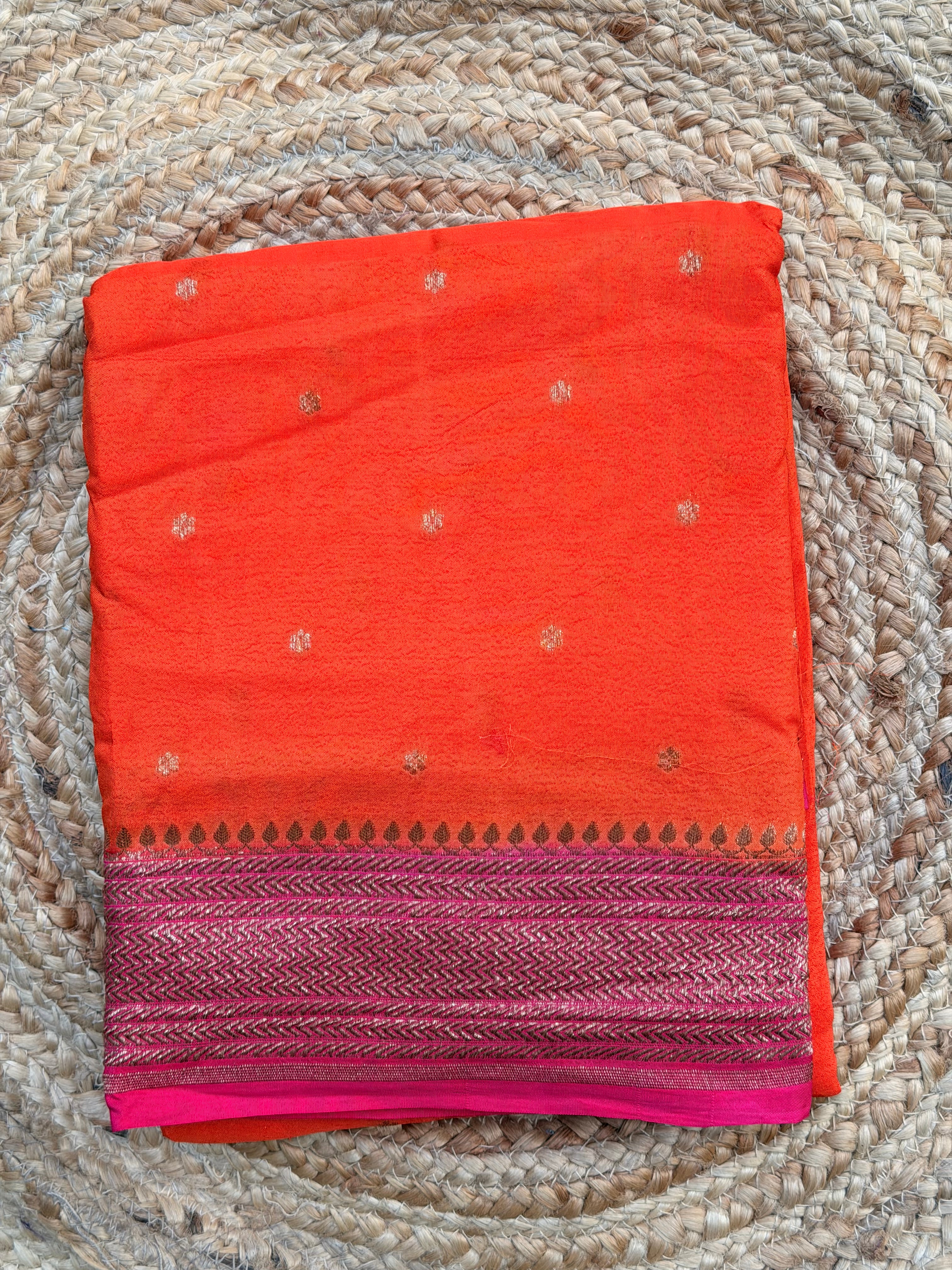 Orange and pink Banarasi crepe chiffon konia design