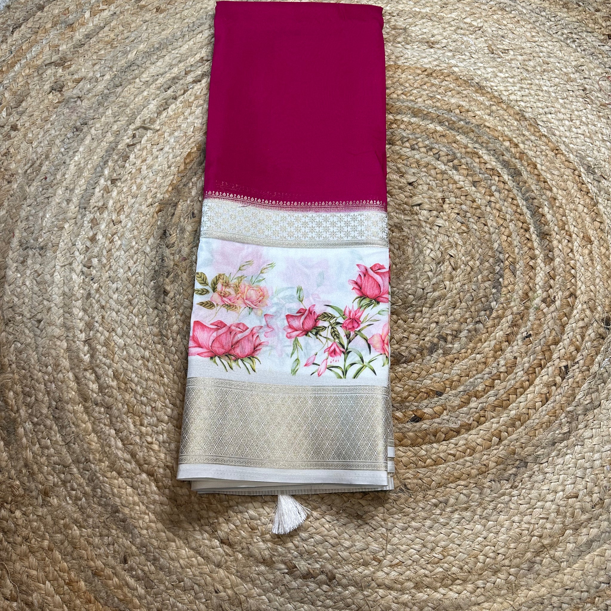 Pink and white semi crepe floral bentex border.