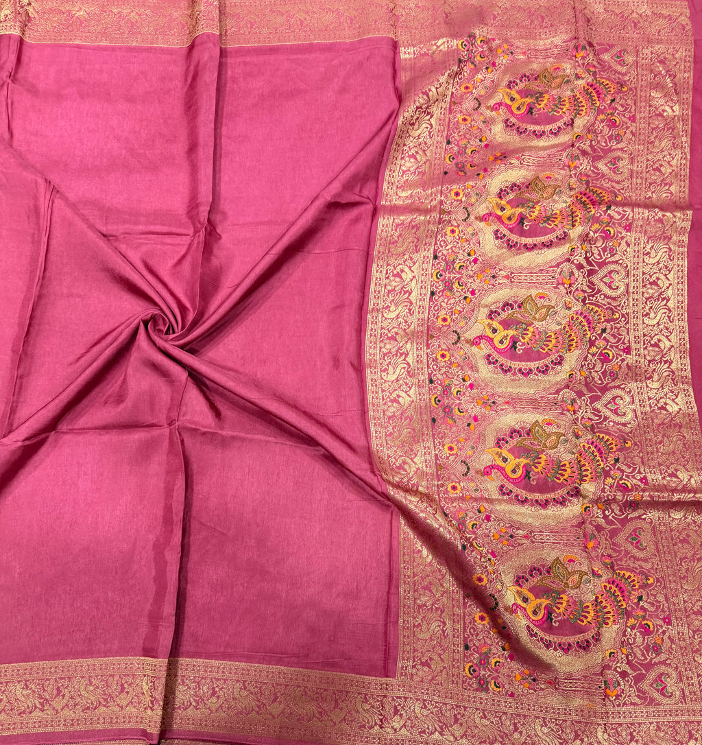 Onion pink Kanchi border plain modal silk saree