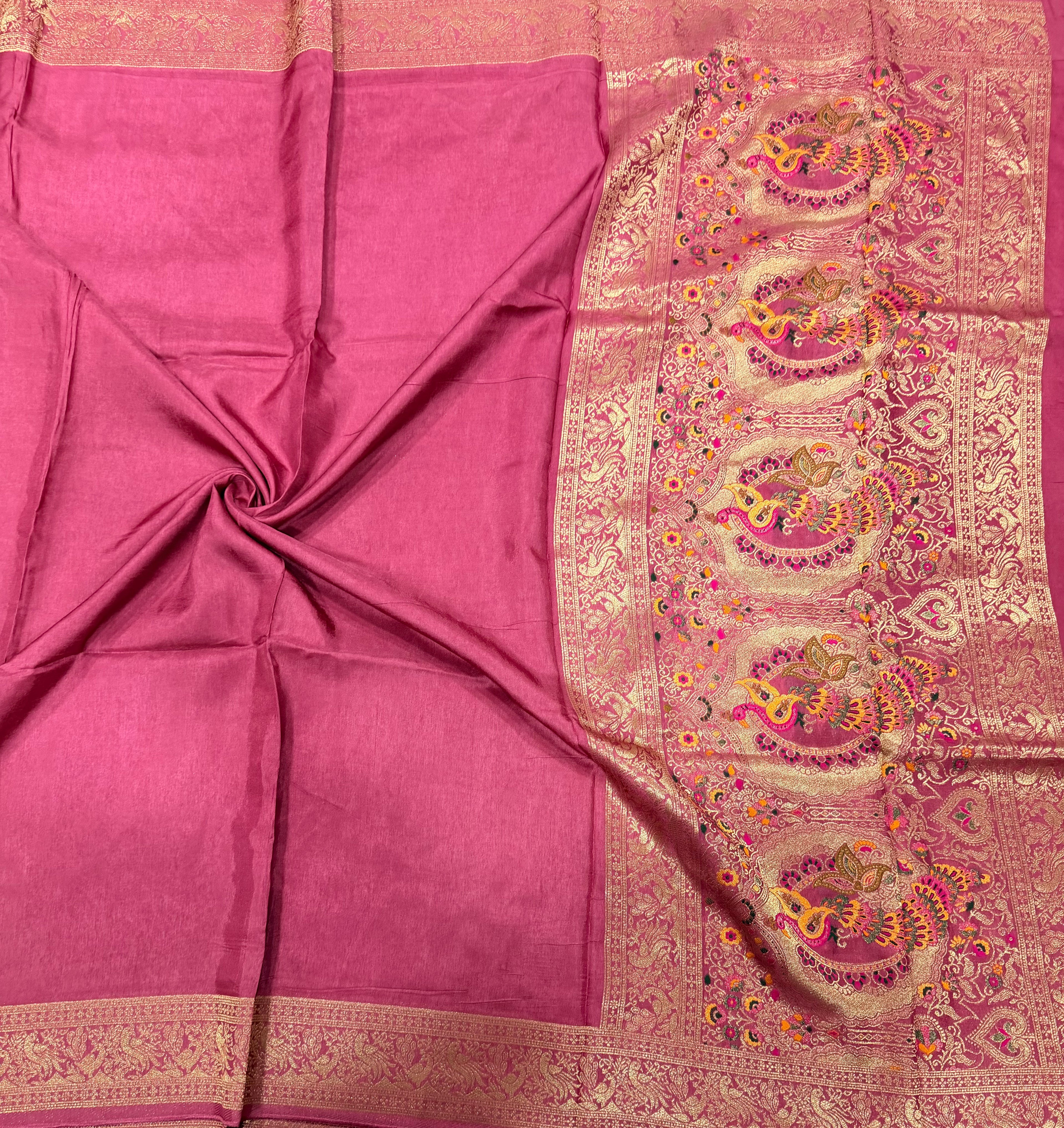 Onion pink Kanchi border plain modal silk saree