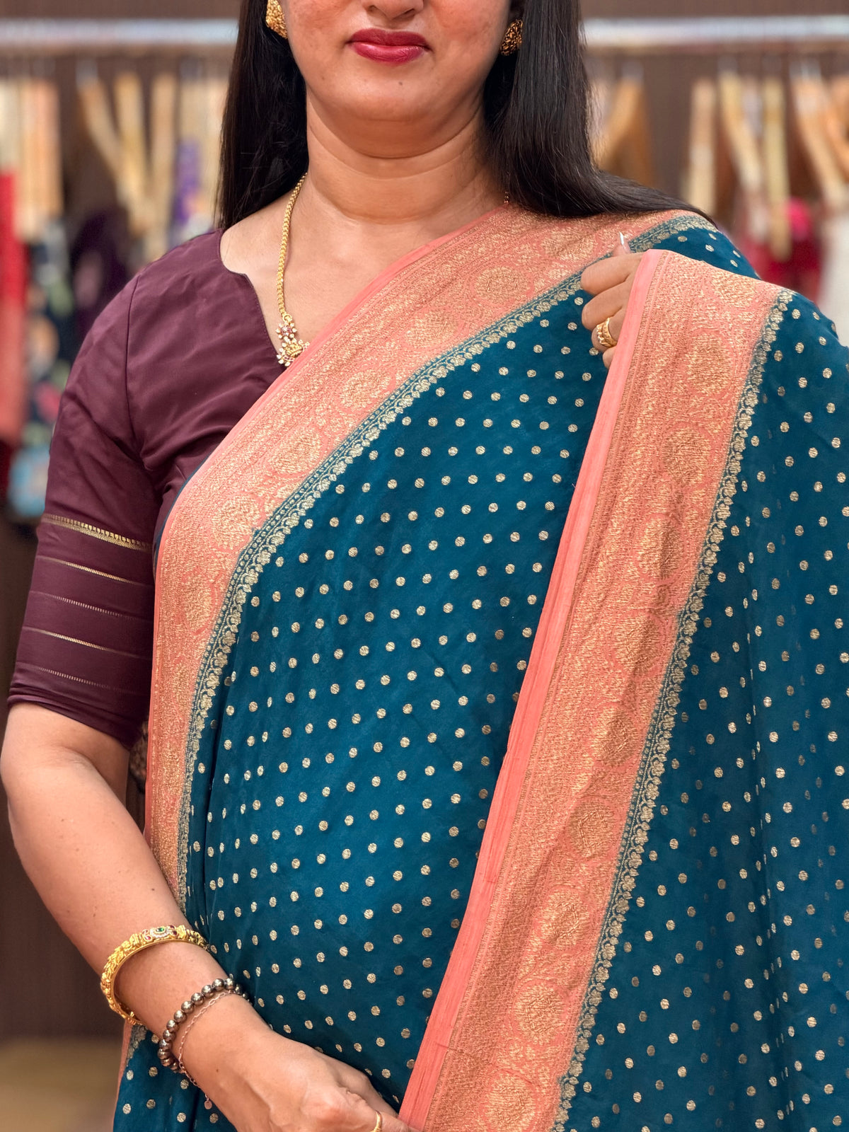 Peacock blue and peach pure crepe Banaras